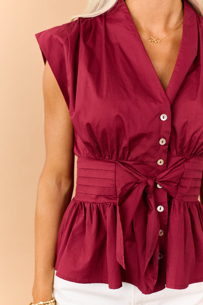 Entro Maroon Cotton Button Down Peplum Top