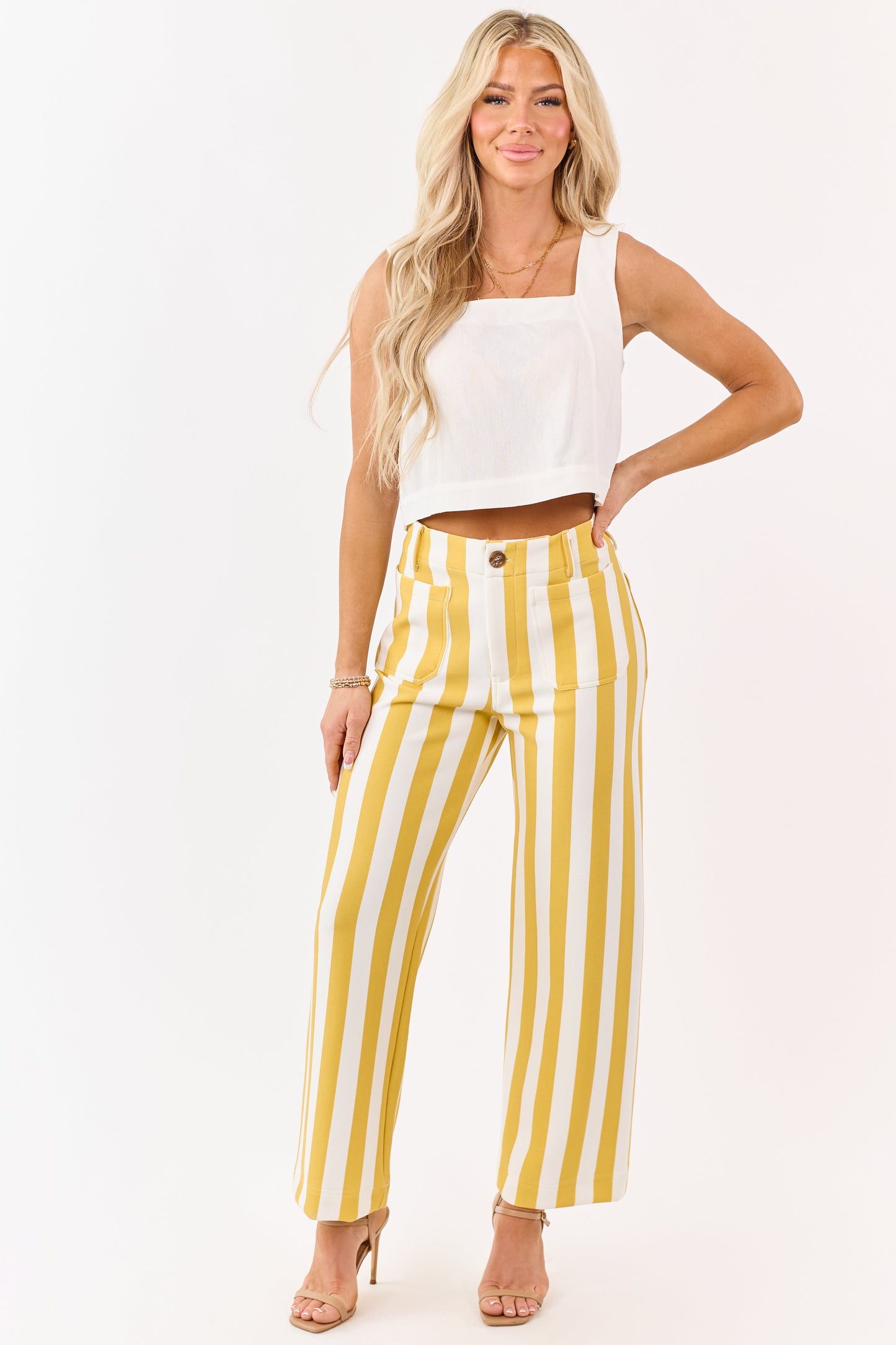 Entro Mustard Striped Relaxed Straight Knit Pants