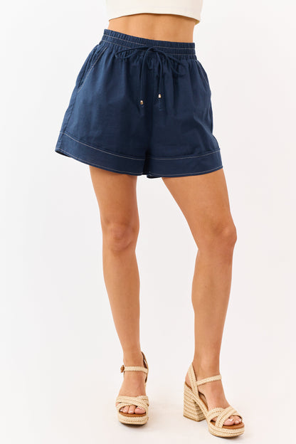 Entro Navy Contrast Stitch Elastic Waist Shorts