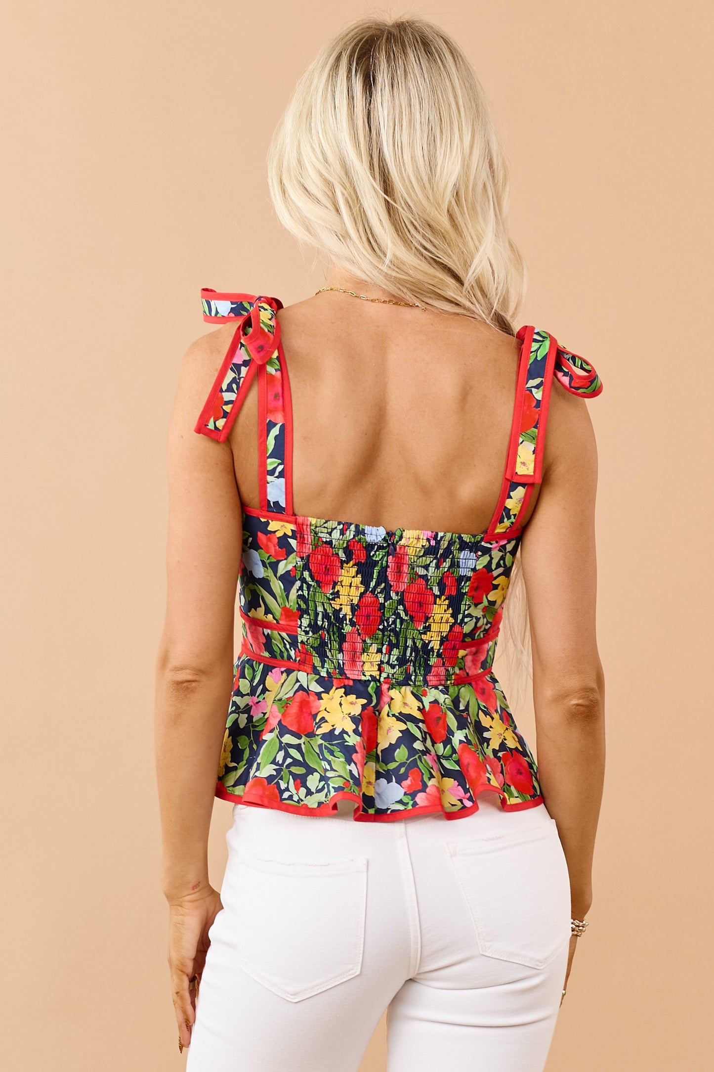 Entro Navy Cotton Floral Print Peplum Tank Top