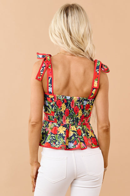 Entro Navy Cotton Floral Print Peplum Tank Top