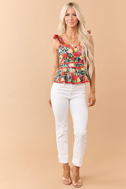 Entro Navy Cotton Floral Print Peplum Tank Top