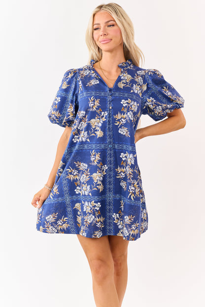 Entro Navy Cotton Floral Puff Sleeve Mini Dress