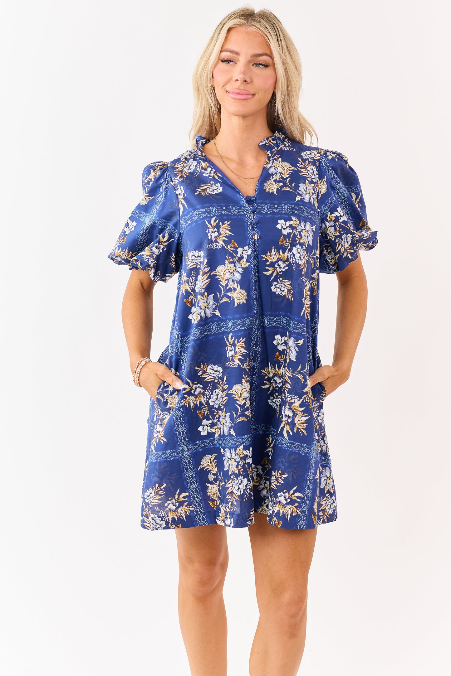 Entro Navy Cotton Floral Puff Sleeve Mini Dress
