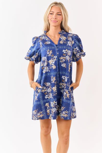 Entro Navy Cotton Floral Puff Sleeve Mini Dress