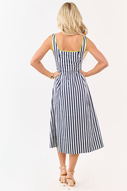 Entro Navy Cotton Striped Contrast Trim Midi Dress