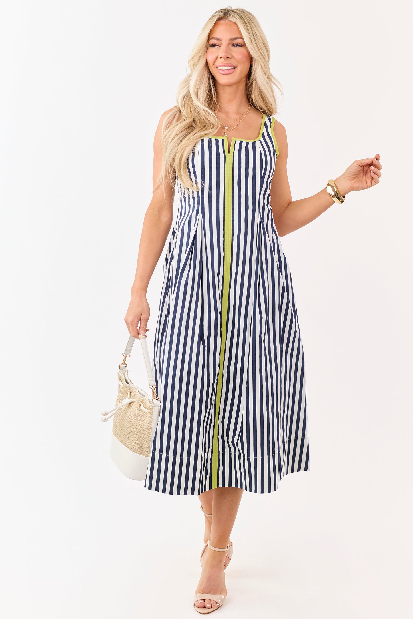 Entro Navy Cotton Striped Contrast Trim Midi Dress