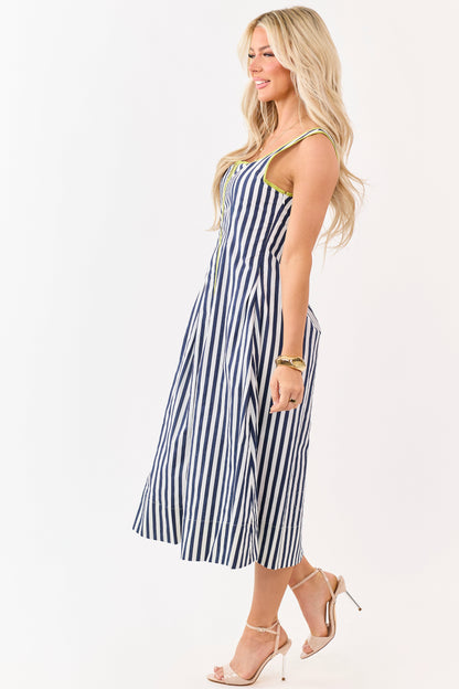 Entro Navy Cotton Striped Contrast Trim Midi Dress