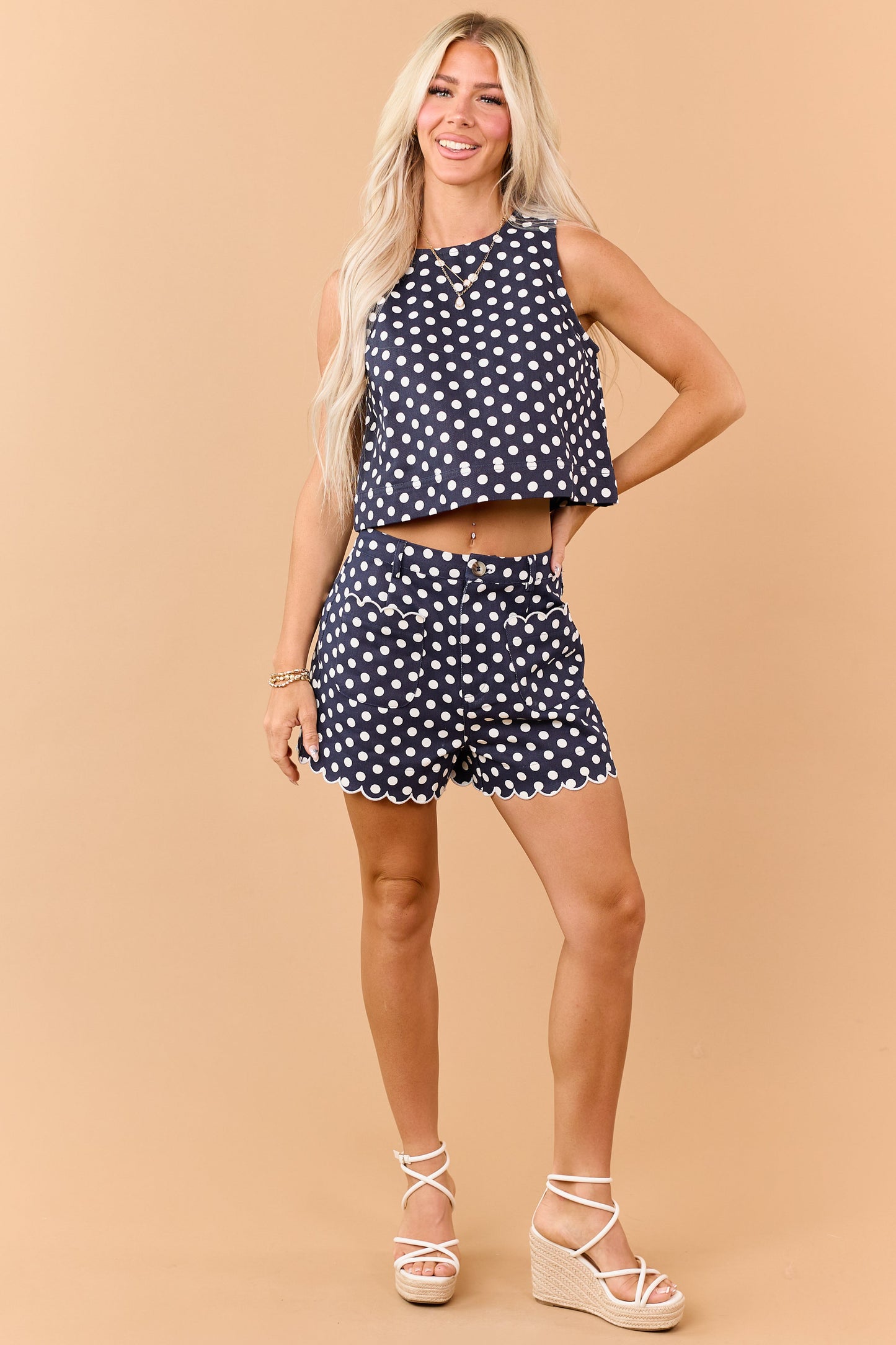 Entro Navy Denim Polka Dot Scalloped Hem Shorts