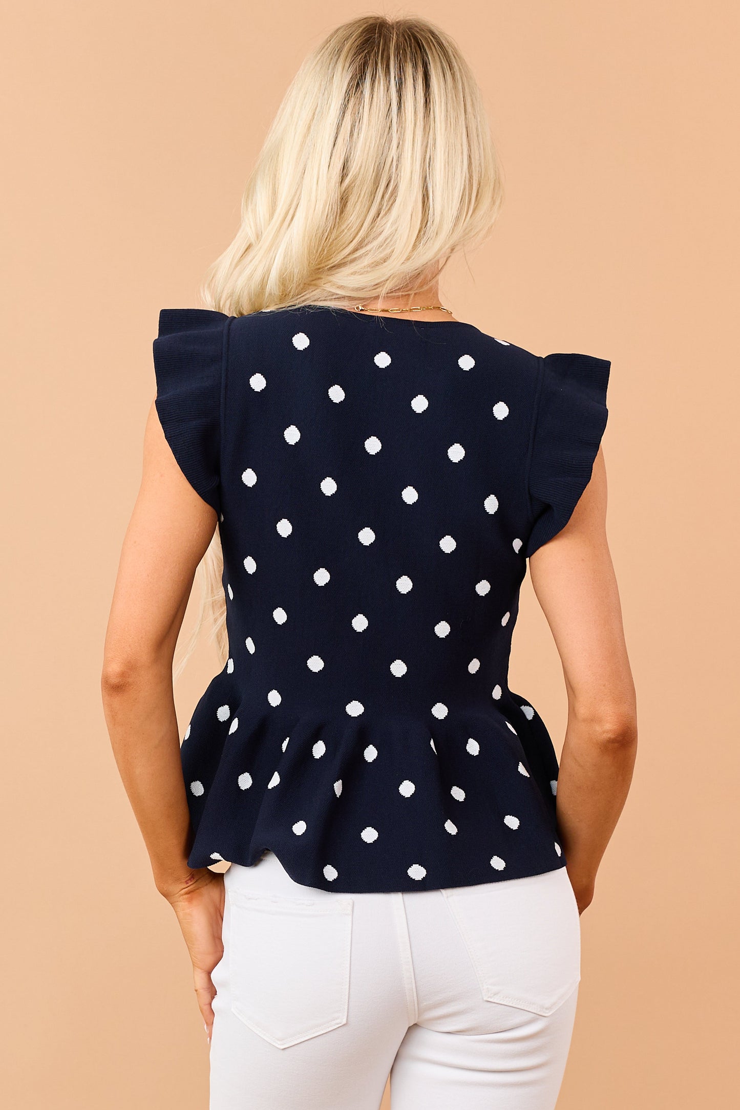 Entro Navy Polka Dot Knit Ruffle Peplum Top