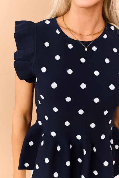 Entro Navy Polka Dot Knit Ruffle Peplum Top