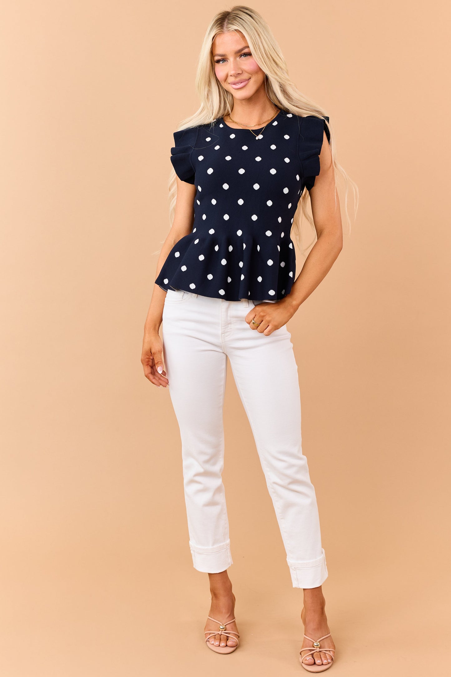 Entro Navy Polka Dot Knit Ruffle Peplum Top