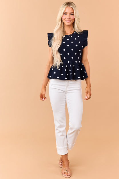 Entro Navy Polka Dot Knit Ruffle Peplum Top
