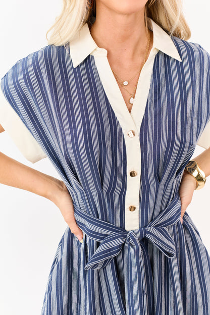 Entro Navy Striped Button Up Short Sleeve Mini Dress