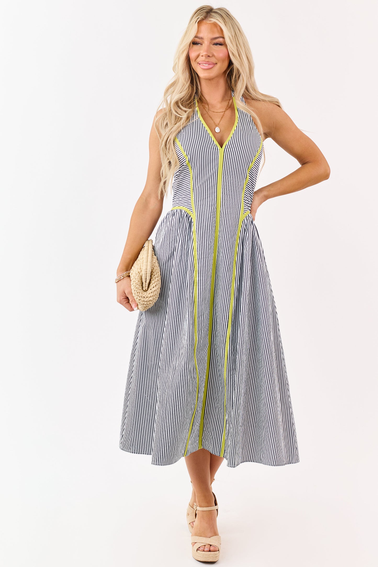 Entro Navy Striped Cotton Halter Midi Dress