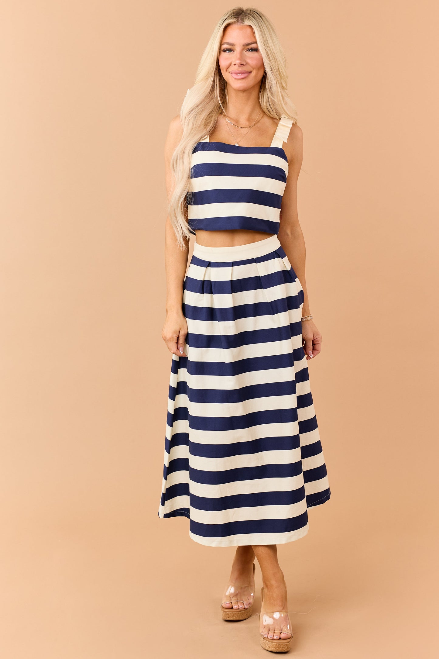 Entro Navy and Cream Striped Denim Midi Skirt