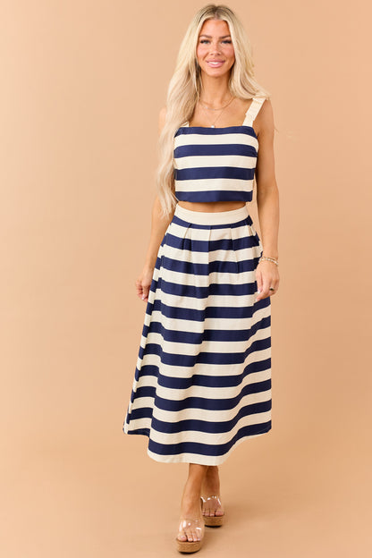 Entro Navy and Cream Striped Denim Midi Skirt