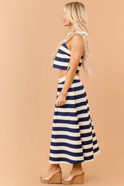 Entro Navy and Cream Striped Denim Midi Skirt