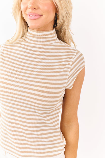 Entro Oatmeal and Ivory Striped Mock Neck Top