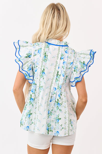 Entro Off White Cotton Floral Ruffle Sleeve Top