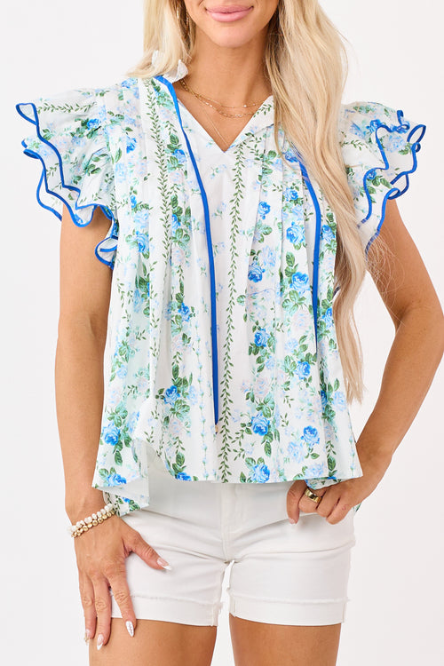 Entro Off White Cotton Floral Ruffle Sleeve Top
