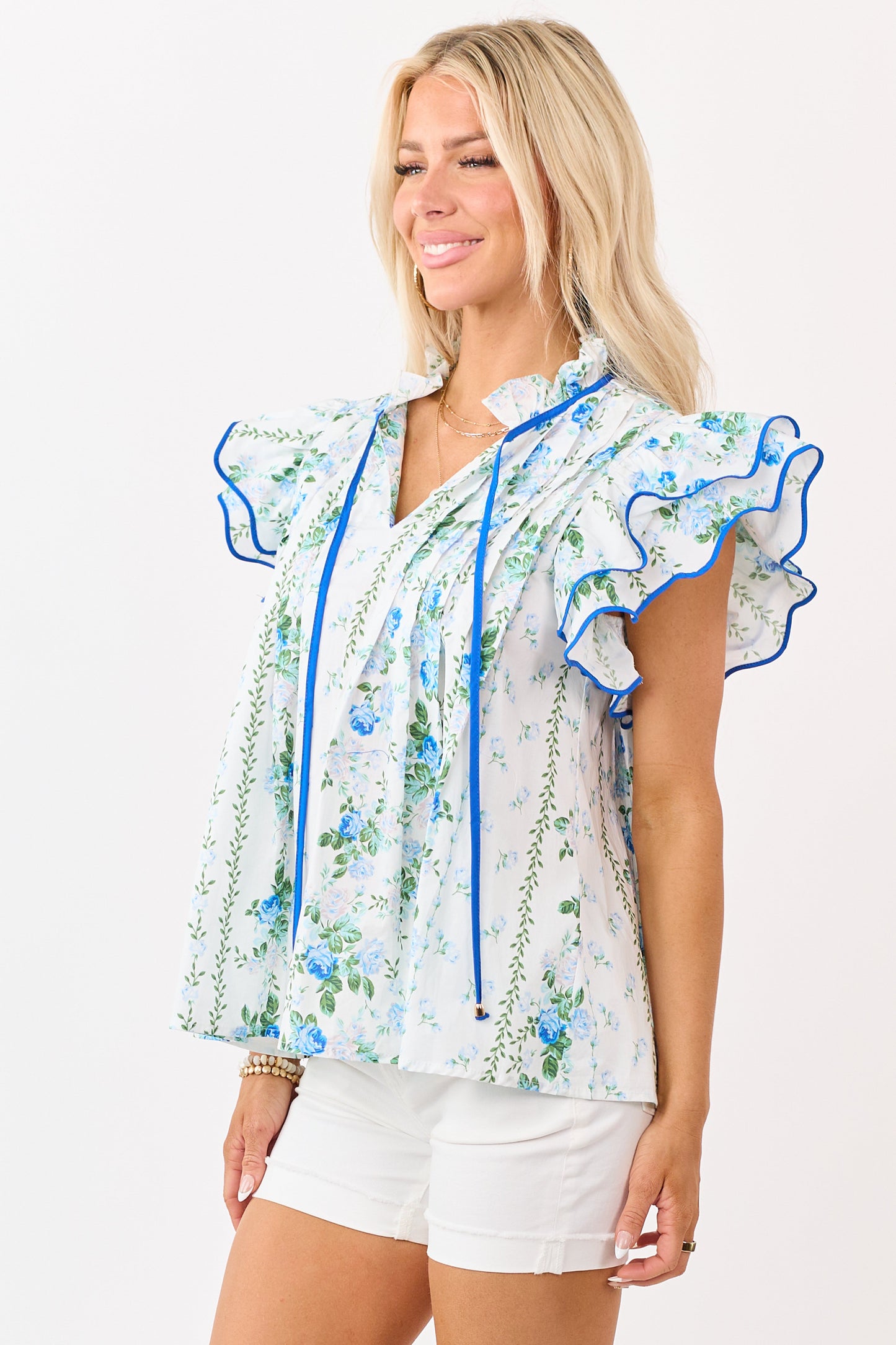 Entro Off White Cotton Floral Ruffle Sleeve Top