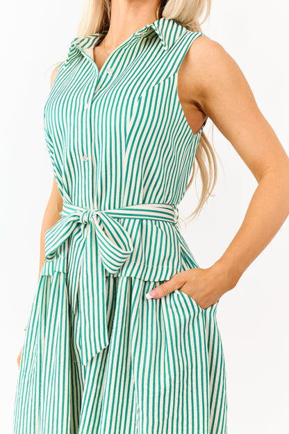 Entro Pine and Cream Striped Waist Tie Midi Dress