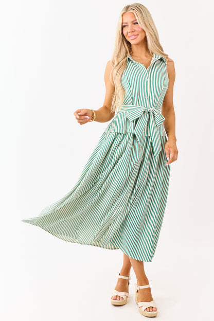 Entro Pine and Cream Striped Waist Tie Midi Dress