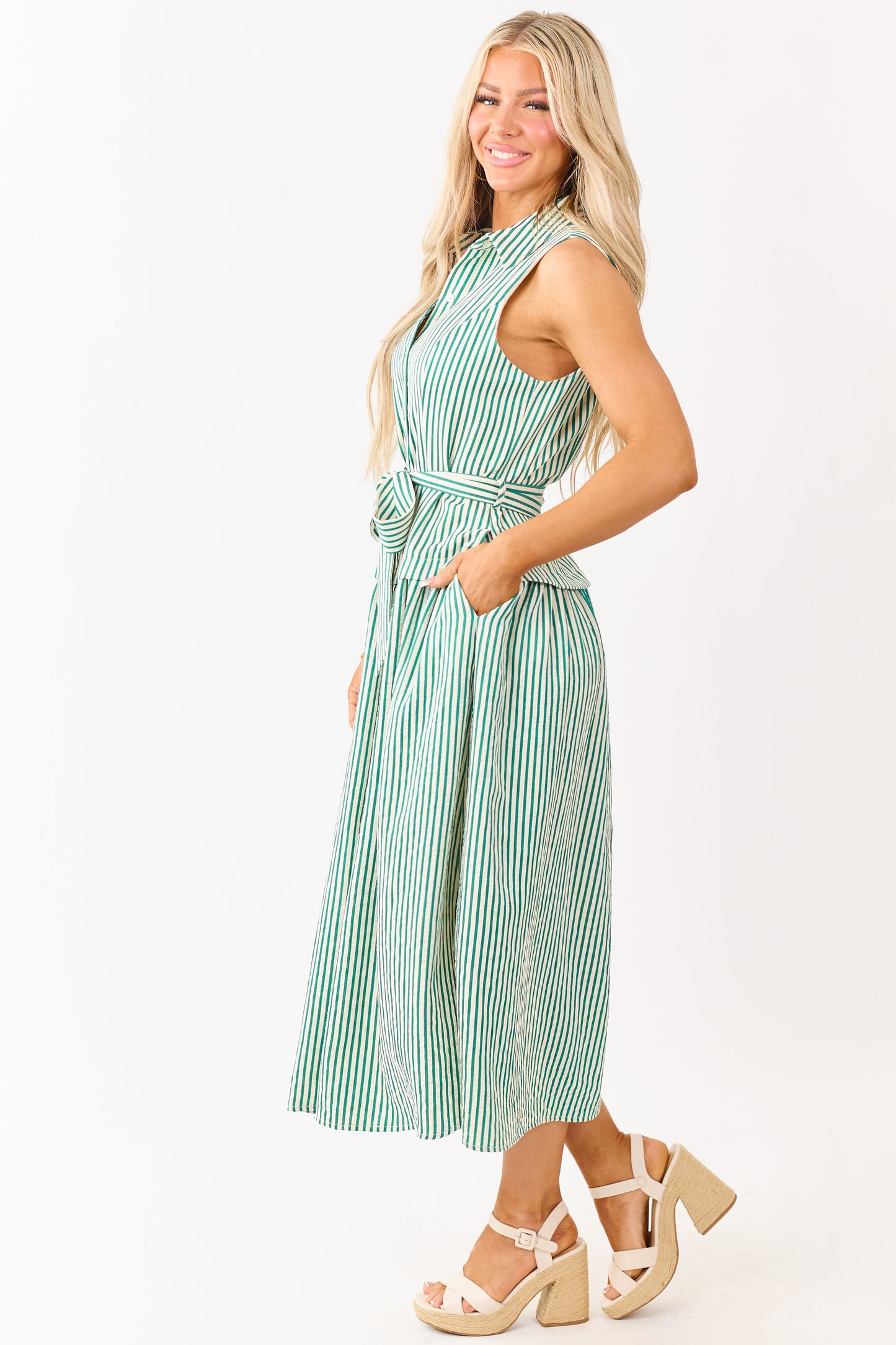 Entro Pine and Cream Striped Waist Tie Midi Dress