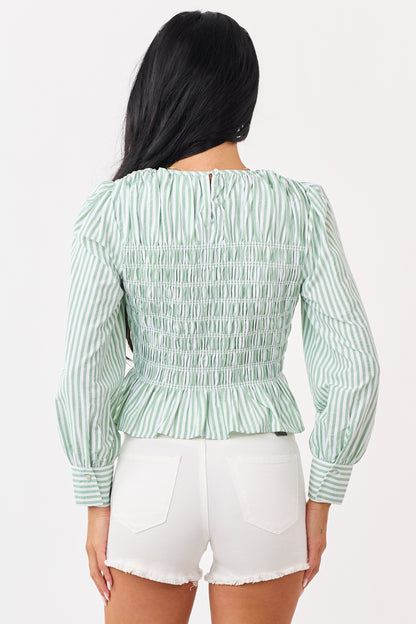 Entro Pistachio Striped Smocked Long Sleeve Top