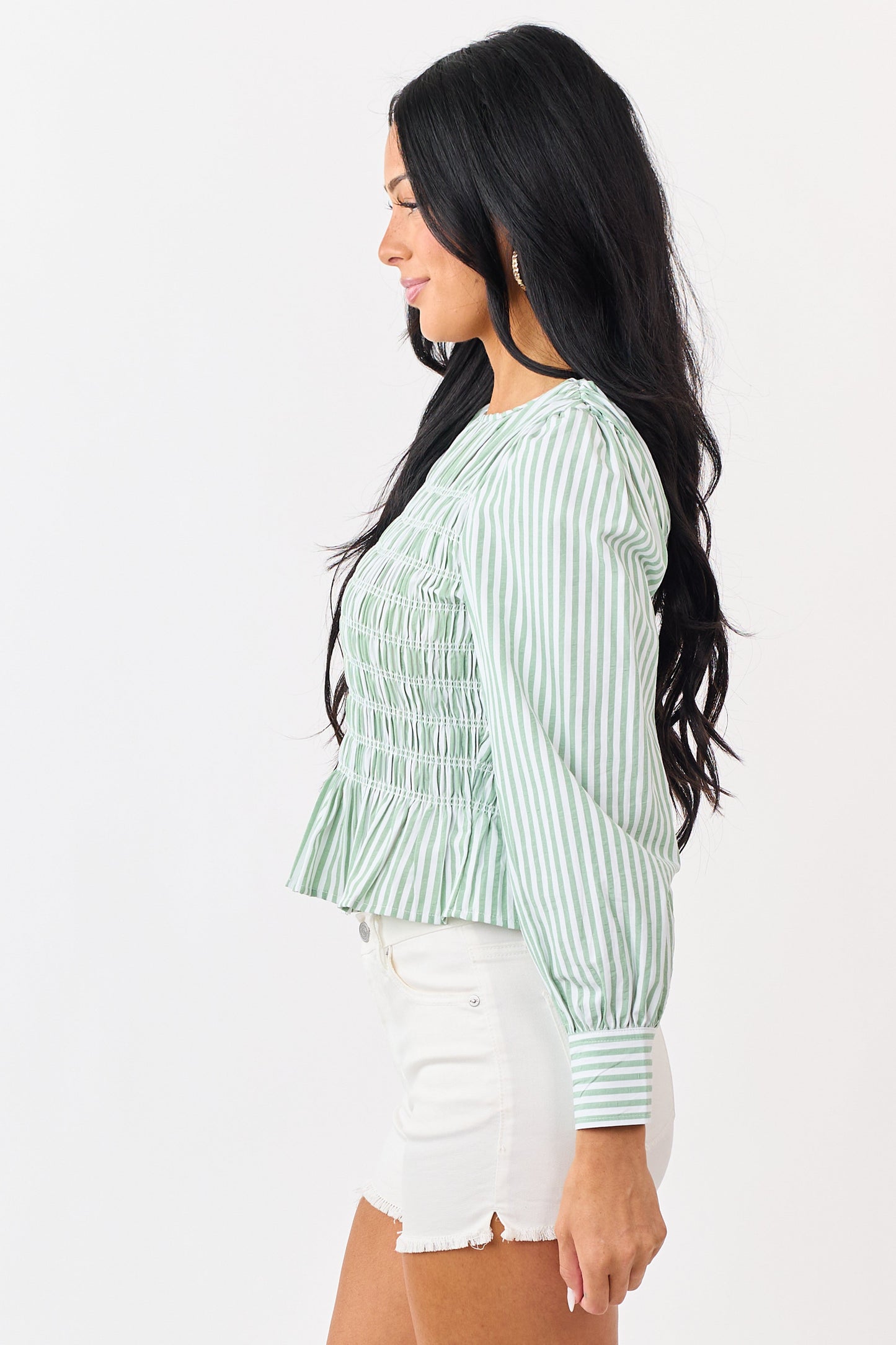 Entro Pistachio Striped Smocked Long Sleeve Top