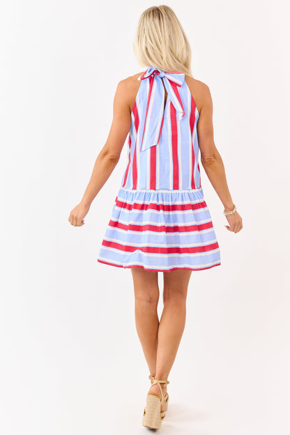 Entro Powder Blue Cotton Striped Mini Dress