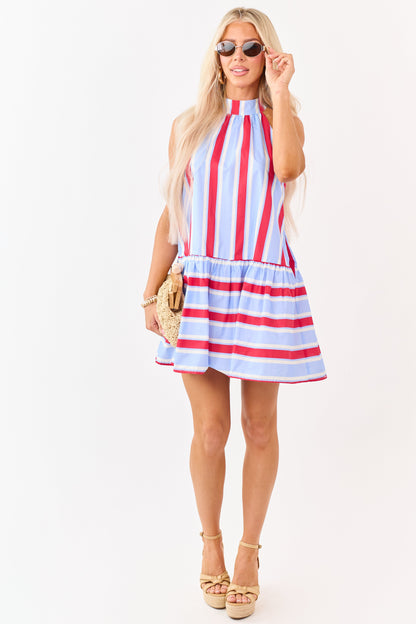 Entro Powder Blue Cotton Striped Mini Dress