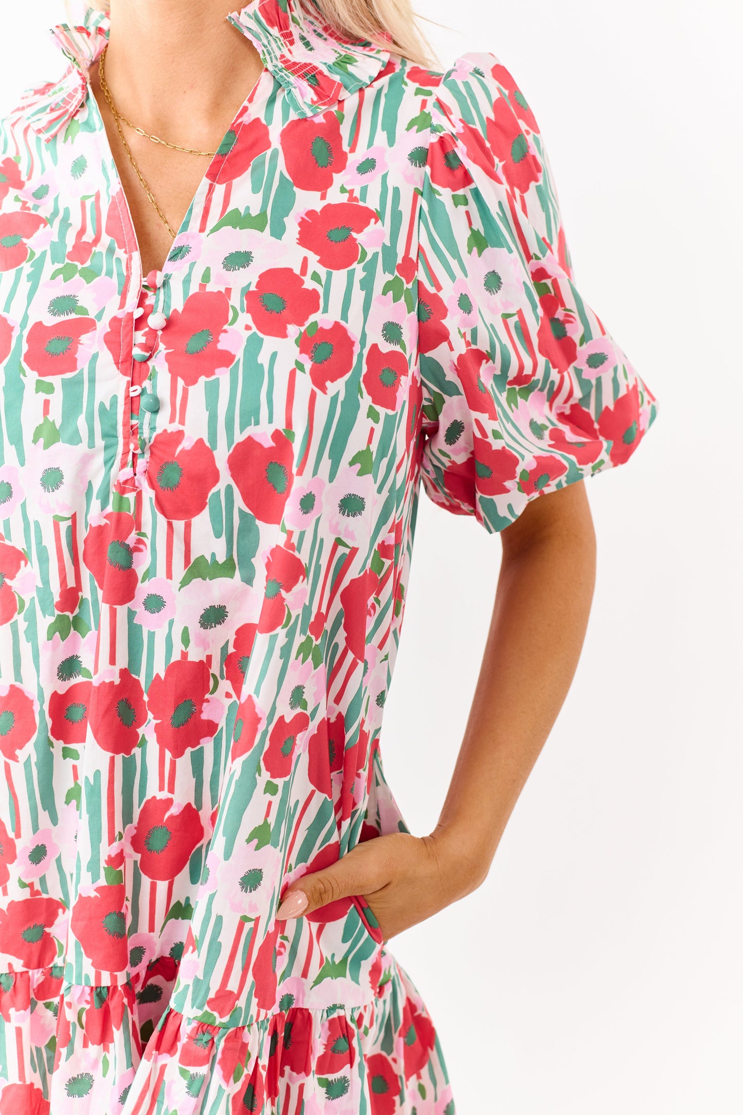 Entro Ruby Poppy Floral Cotton Puff Sleeve Mini Dress