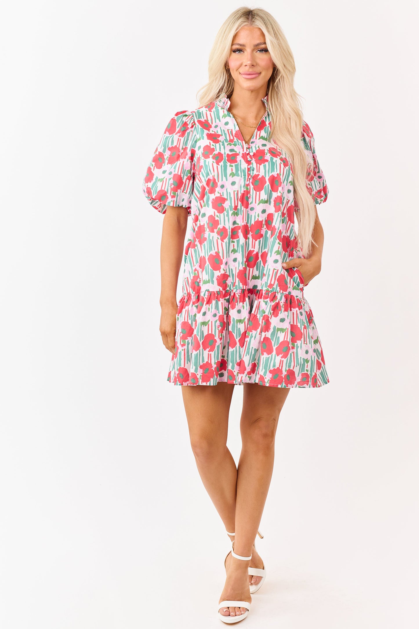 Entro Ruby Poppy Floral Cotton Puff Sleeve Mini Dress