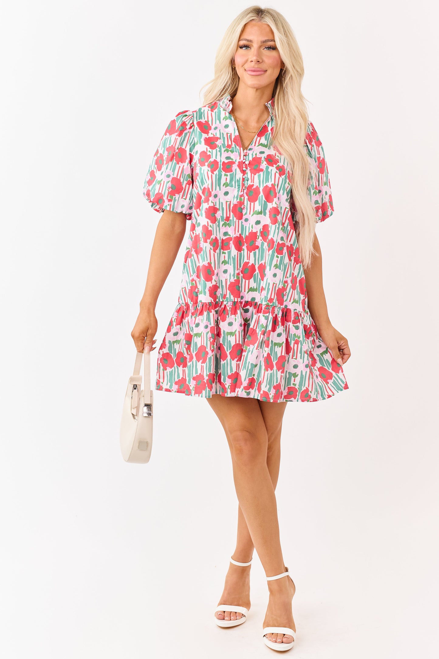 Entro Ruby Poppy Floral Cotton Puff Sleeve Mini Dress
