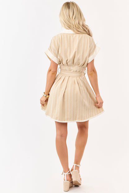 Entro Sand Striped Button Up Short Sleeve Mini Dress