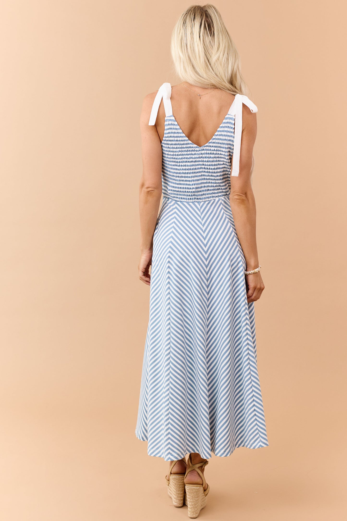 Entro Steel Blue Striped Tie Strap Knit Midi Dress