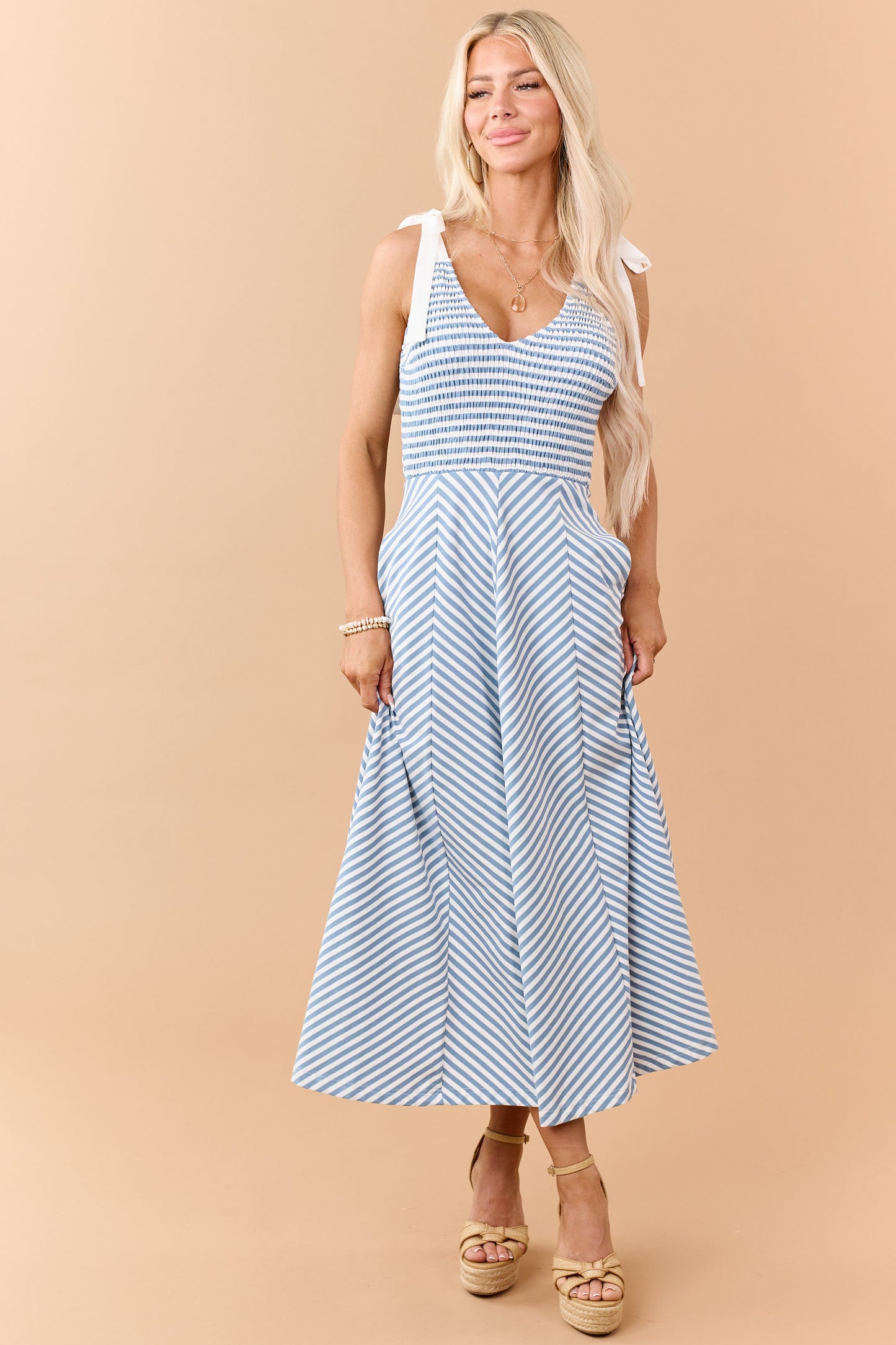 Entro Steel Blue Striped Tie Strap Knit Midi Dress