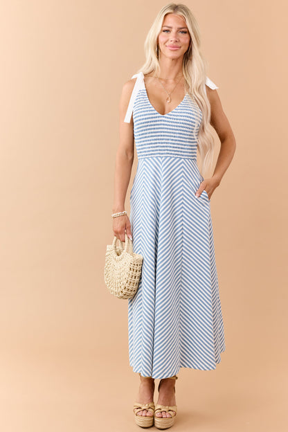 Entro Steel Blue Striped Tie Strap Knit Midi Dress