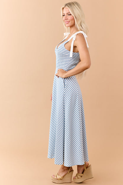 Entro Steel Blue Striped Tie Strap Knit Midi Dress