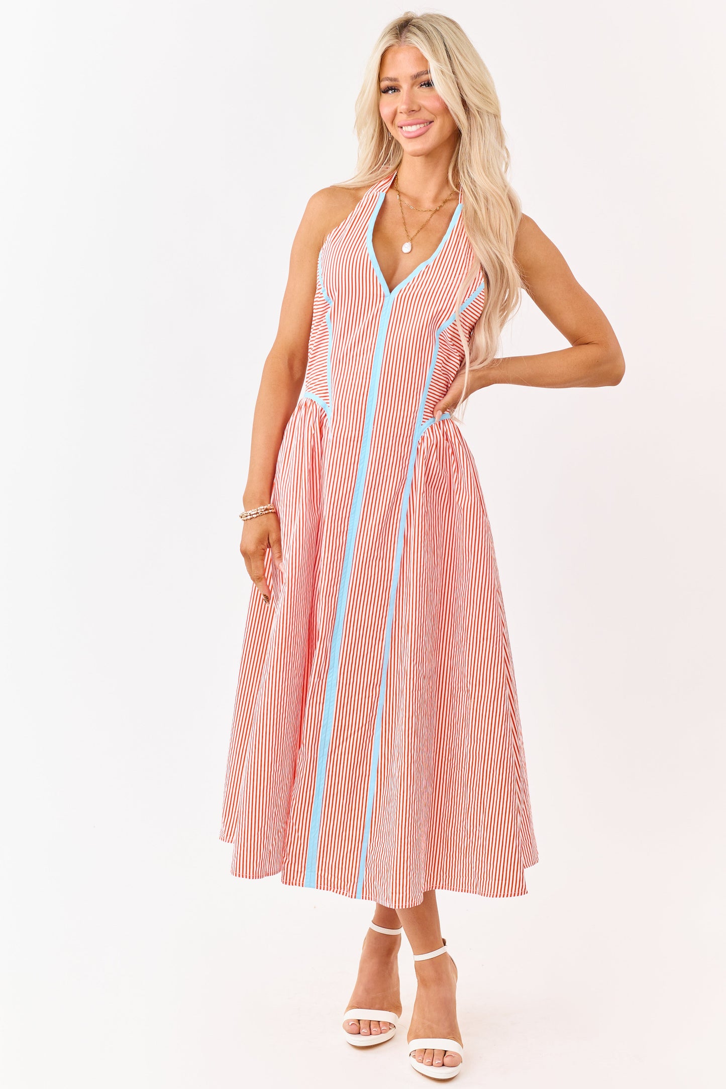 Entro Sunset Striped Cotton Halter Midi Dress