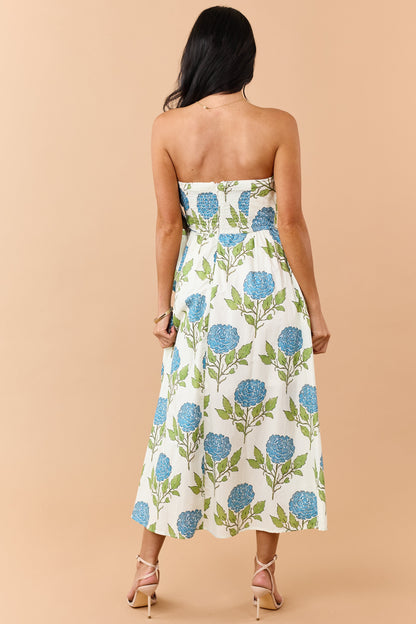 Entro Vanilla Floral Print Cotton Strapless Midi Dress