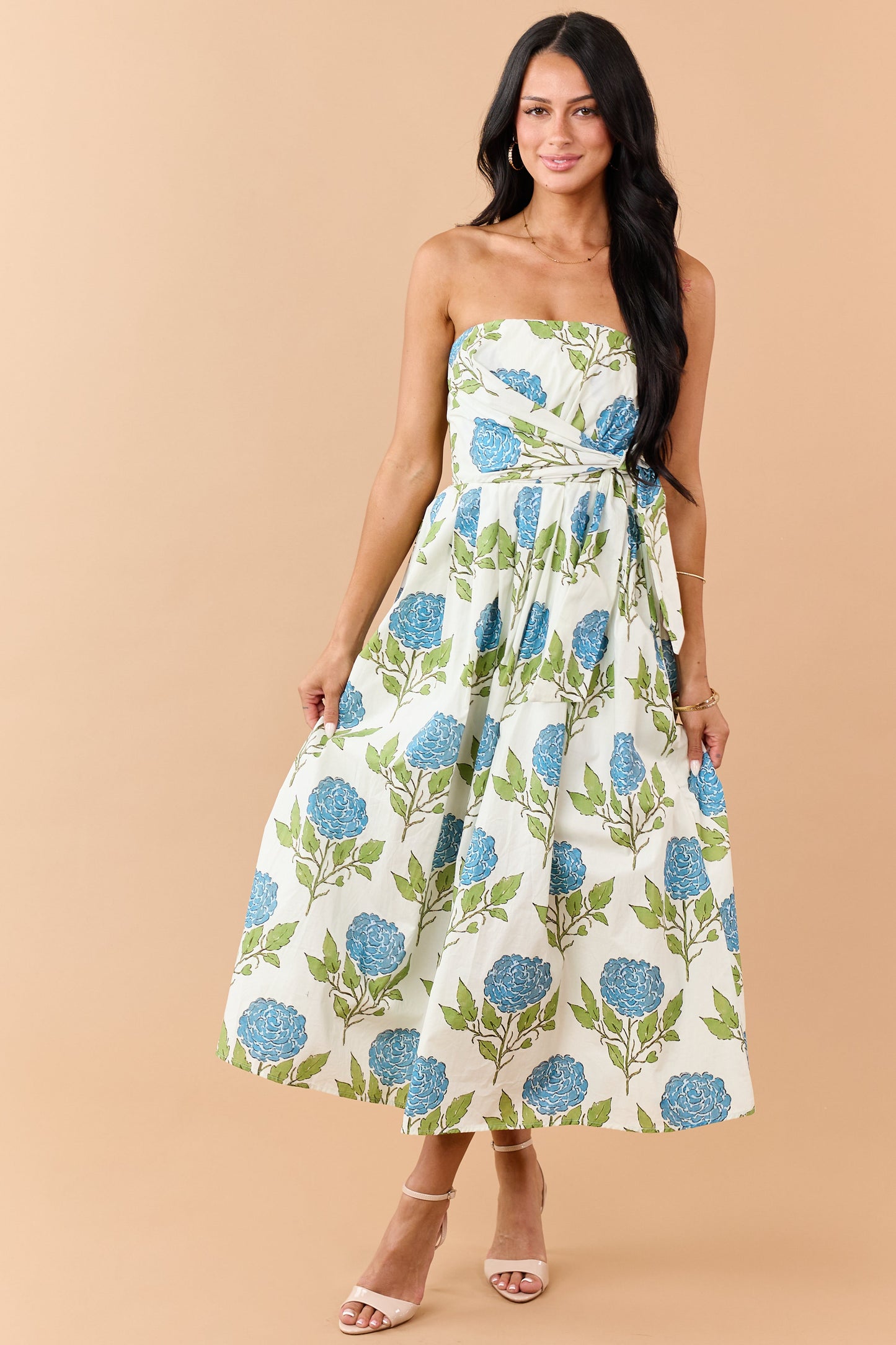 Entro Vanilla Floral Print Cotton Strapless Midi Dress