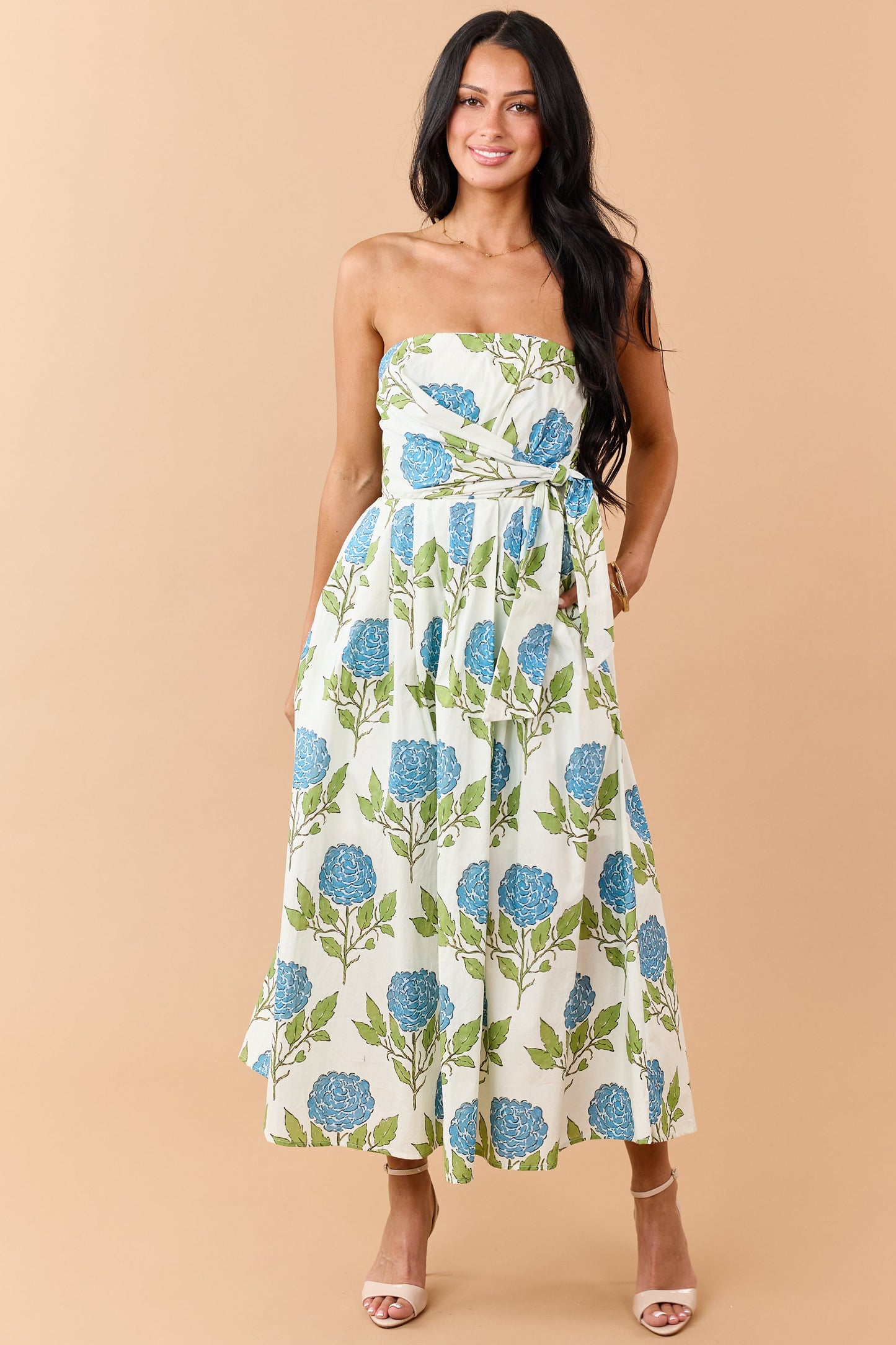 Entro Vanilla Floral Print Cotton Strapless Midi Dress