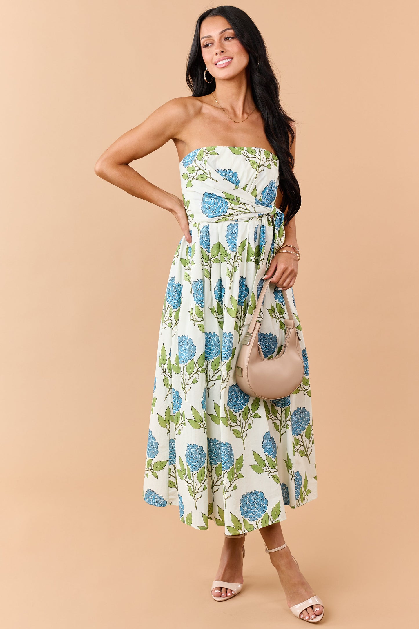 Entro Vanilla Floral Print Cotton Strapless Midi Dress