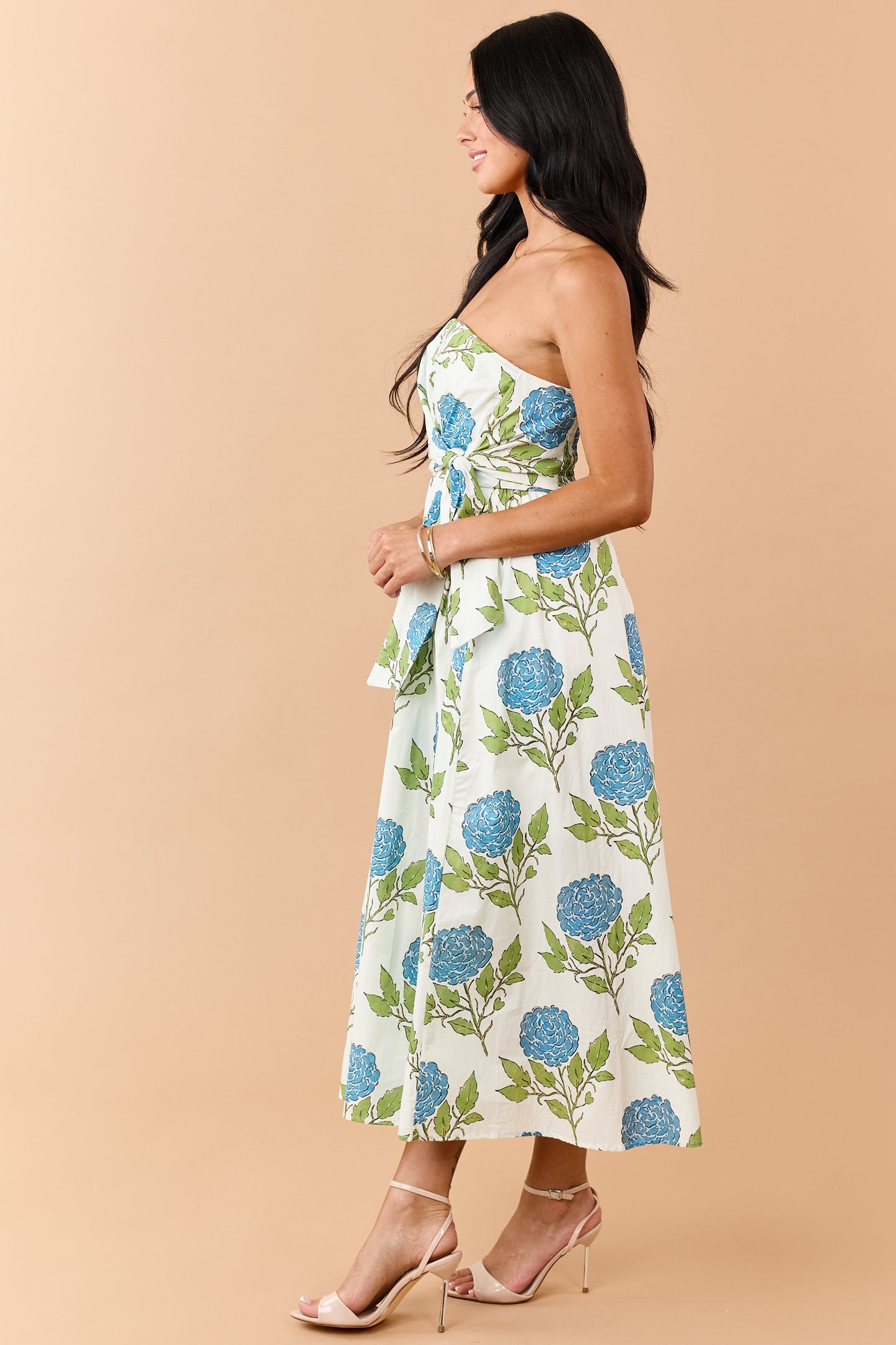 Entro Vanilla Floral Print Cotton Strapless Midi Dress