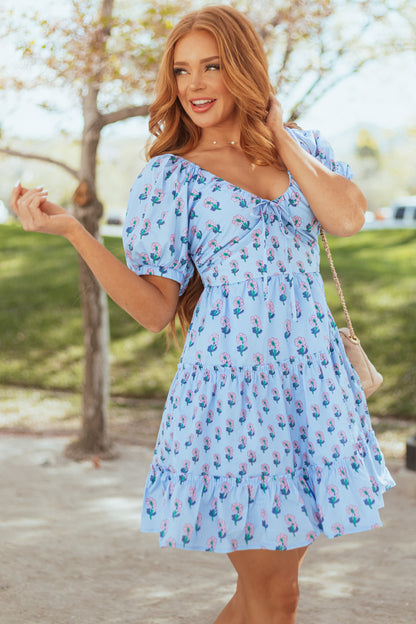 Entro Cornflower Floral Puff Sleeve Tiered Dress