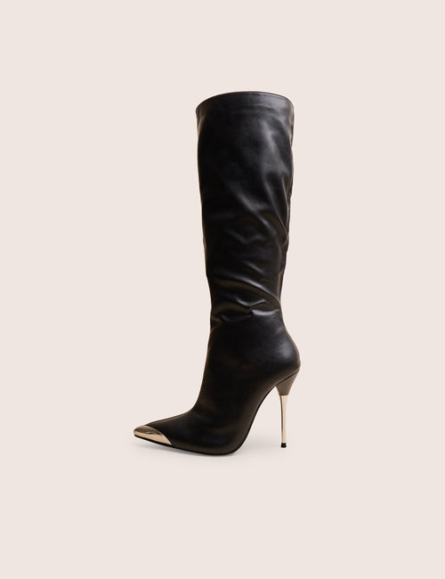 Finery Black Pu Metal Toe Capped Zip Up Knee High Stiletto Boots