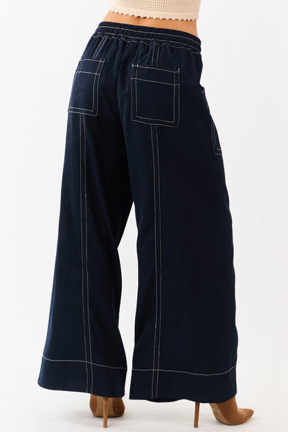 Faded Navy Contrast Stitch Drawstring Wide Leg Pants